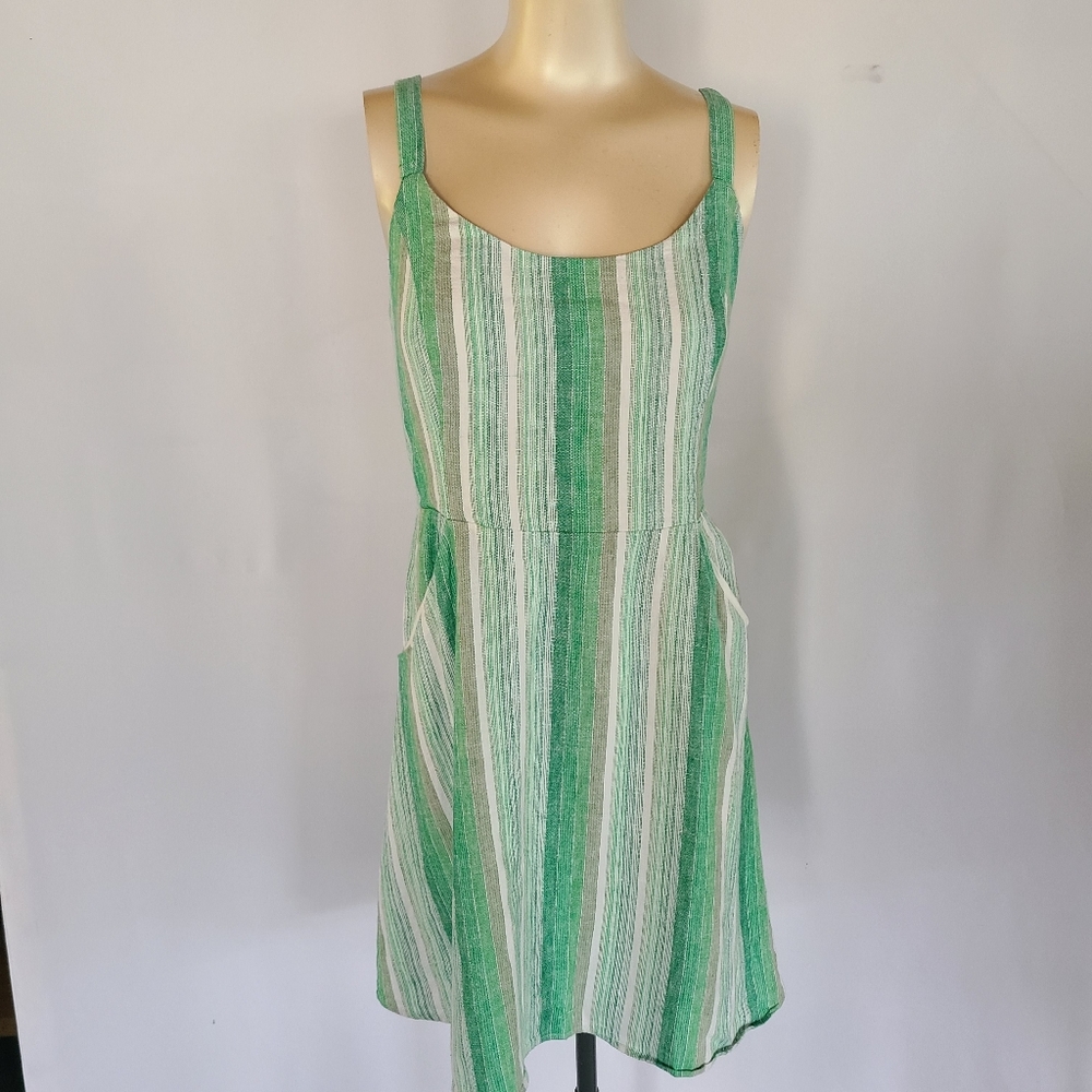 Pixley "Codie" Green Striped Linen Blend Cut-Out Back Mini Dress Size Large